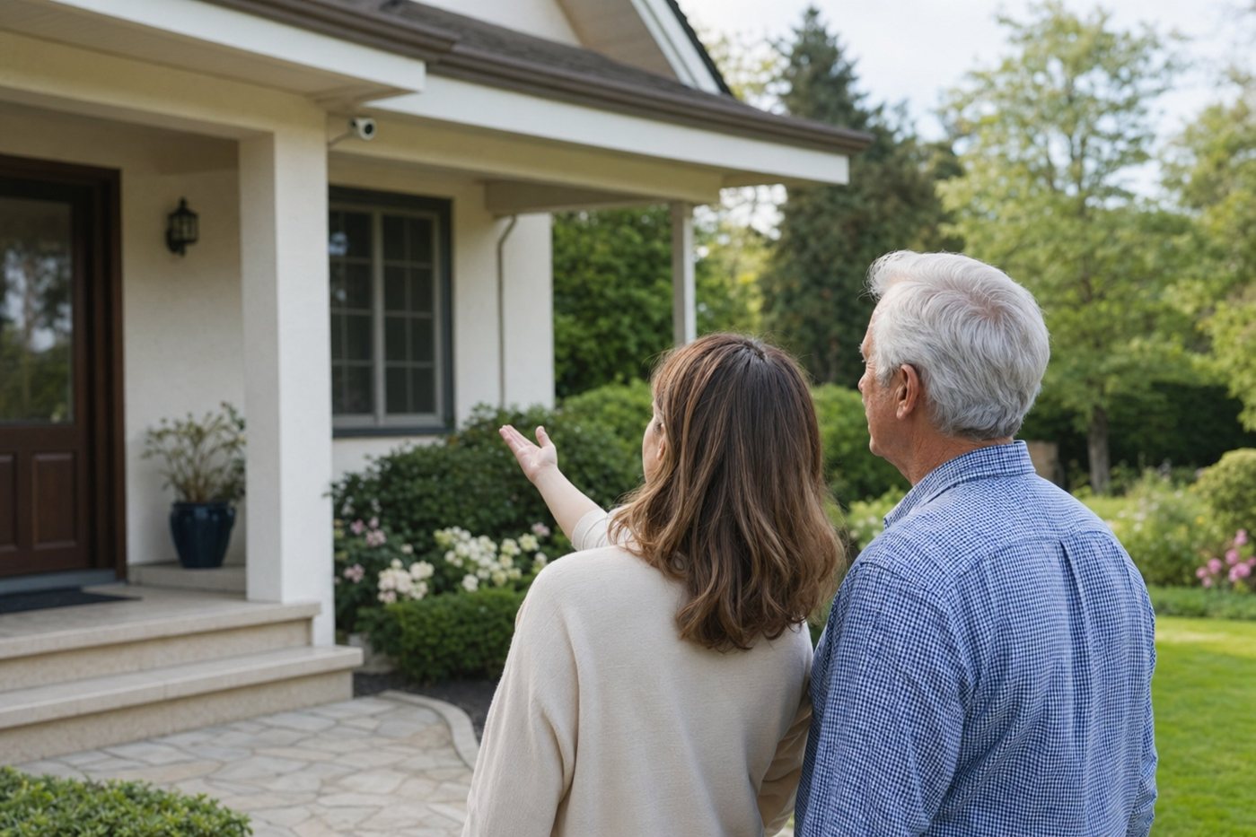 Family discussing outdoor home safety for an elderly parent
